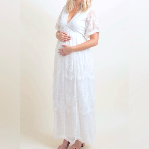 Pink Blush Lace Maternity White Maxi Dress with Sheer Flutter Sleeves - Picture 10 of 10